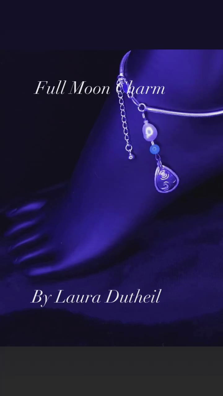 Full Moon & Wave sterling silver charm with gem bead and white pearl on sterling silver anklet by Laura Dutheil.