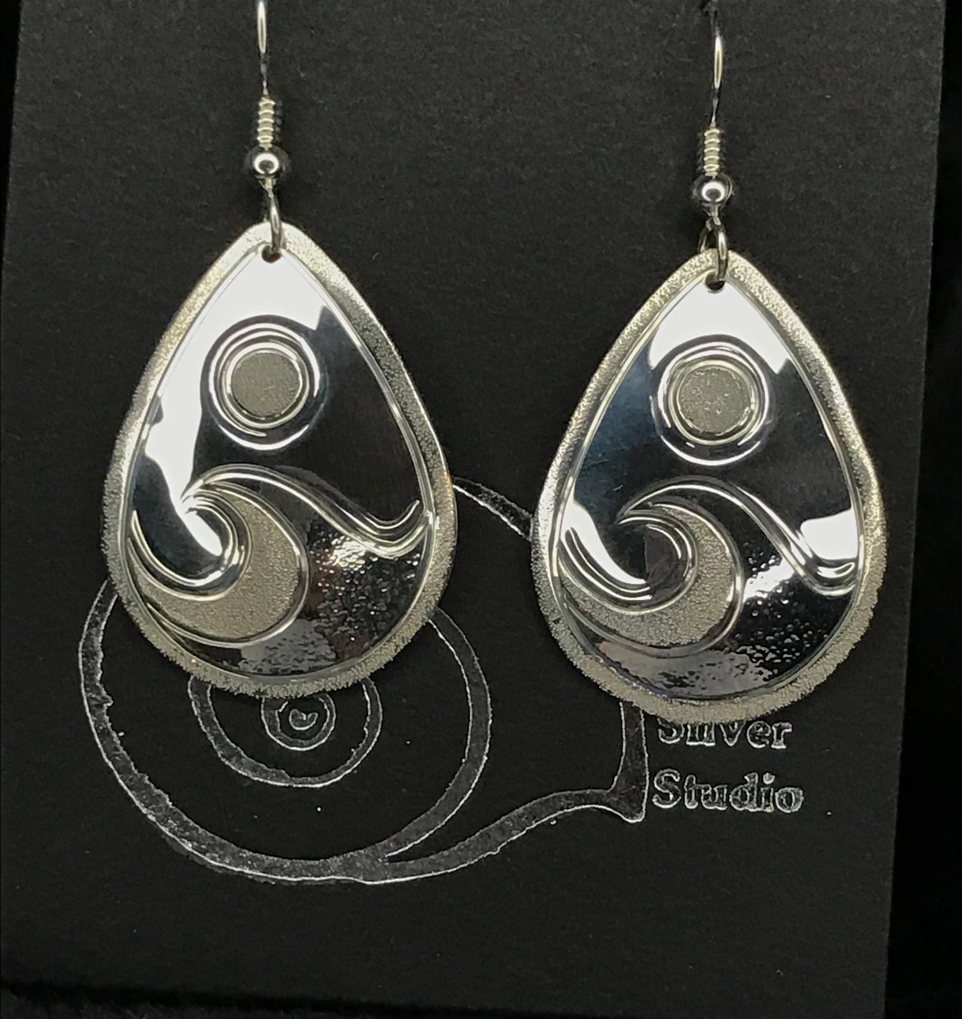 Full Moon & Waves sterling silver xlarge drops designed and engraved by Island artisan jeweller Laura Dutheil.