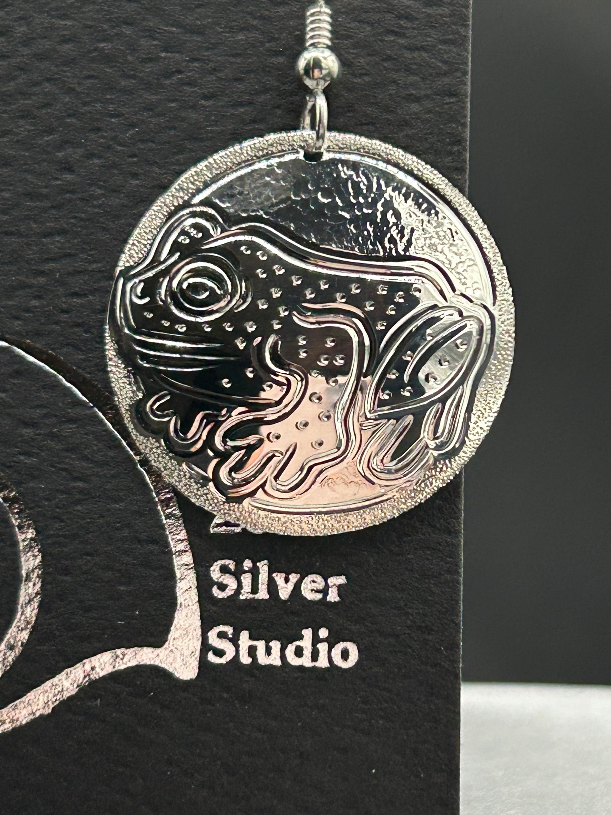 Tree Frog sterling silver 1 inch earrings close up of pair.
